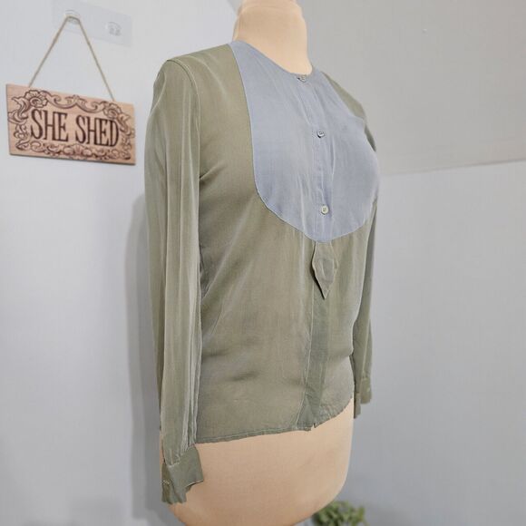 Giorgio Armani Blouse Womens Green Semi Sheer Colorblock Two-Toned Button Front - Picture 2 of 13
